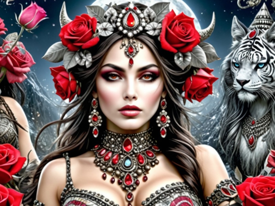 Mystical Woman with Jewelry and White Tiger in Fantasy Scene