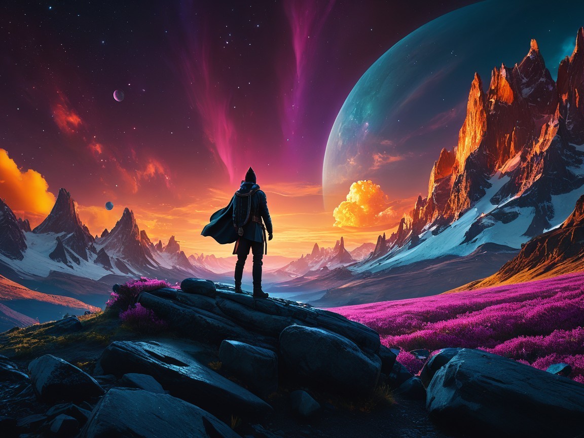 Figure on Rocky Outcrop Overlooking Vibrant Landscape