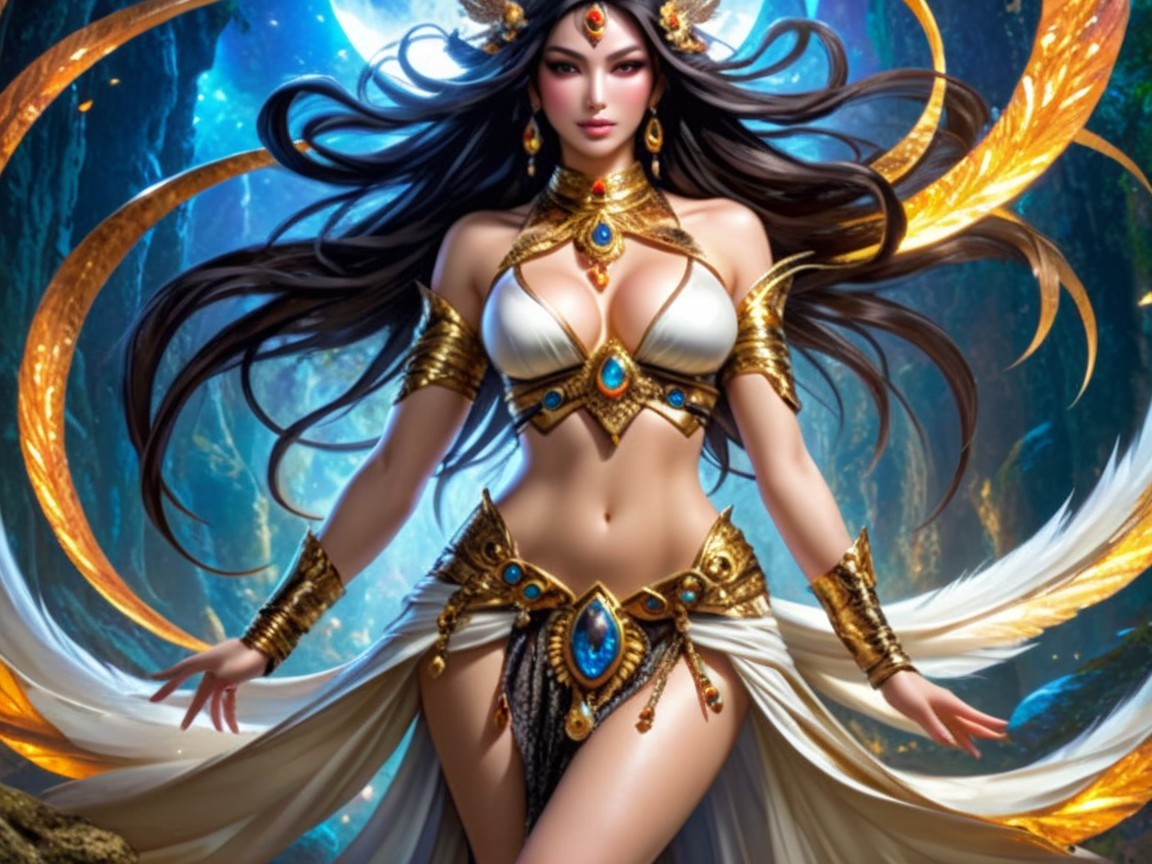 Regal Woman in Fantasy Scene with Golden Wings