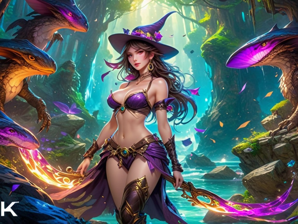 Sorceress in a Mystical Forest with Magical Creatures