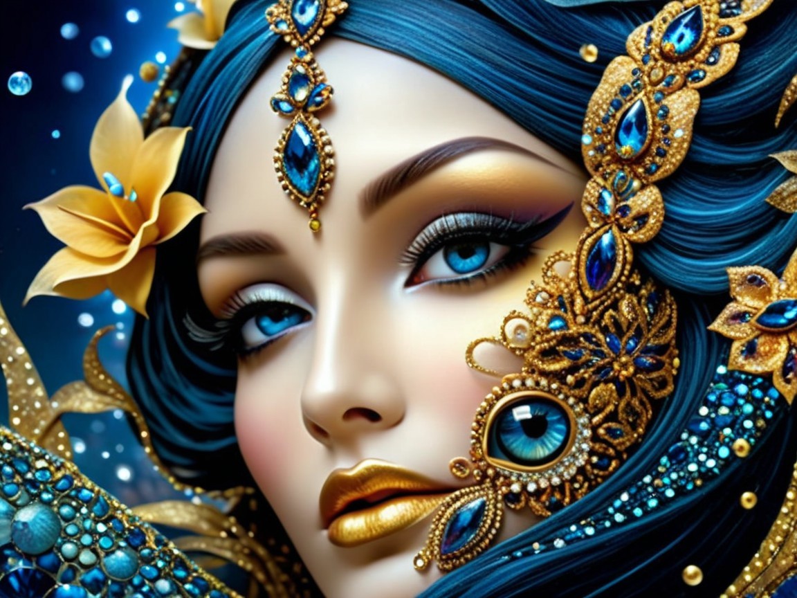 Adorned Woman with Blue Hair and Elegant Accessories