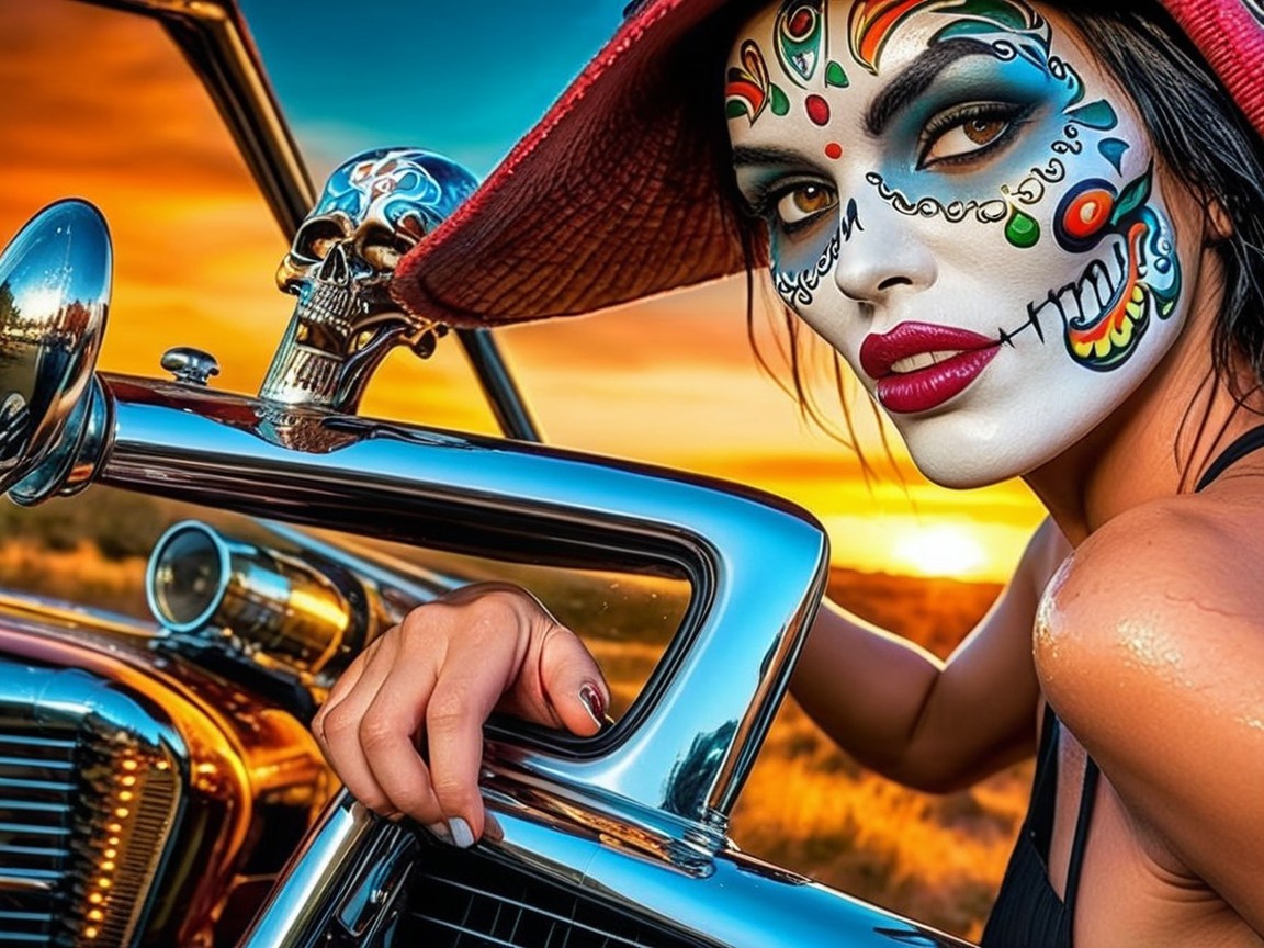 Woman with Sugar Skull Makeup by Vintage Car at Sunset