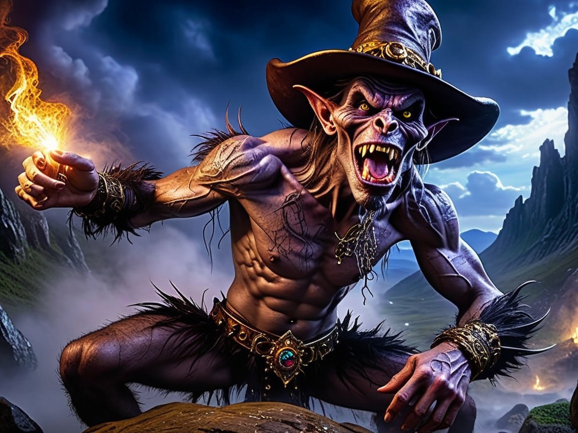 Muscular Goblin with Flame on Rocky Outcrop