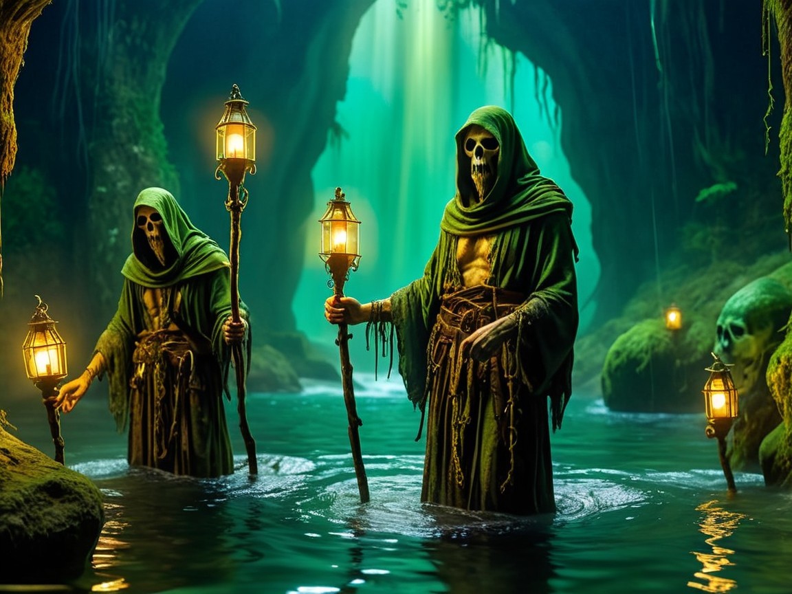 Hooded Figures in Mystical Cavern with Lanterns