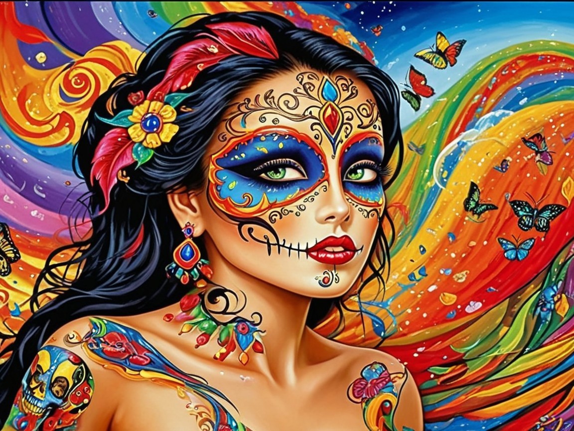 Vibrant Portrait of Woman with Sugar Skull Makeup