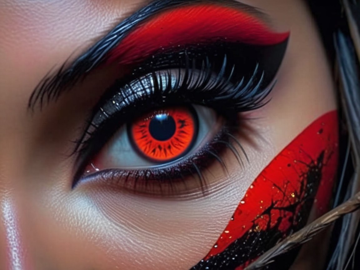 Close-up of a vivid orange iris with dramatic makeup