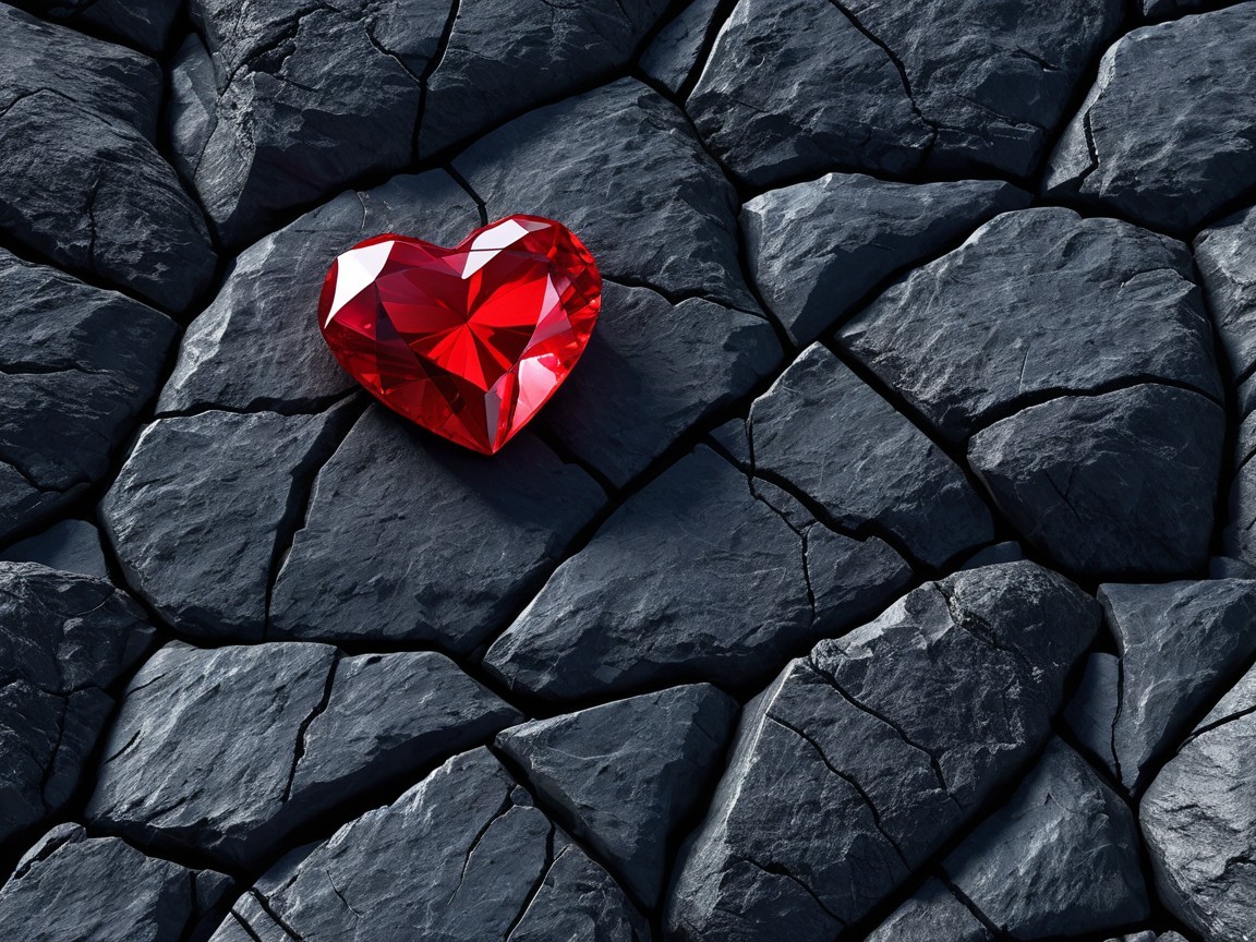 Heart-Shaped Red Gem on Dark Cracked Stone Background