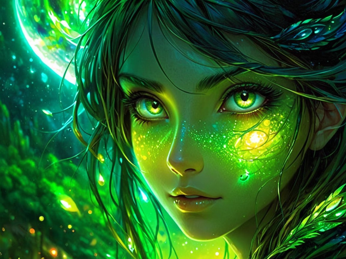 Fantasy Portrait of a Girl with Green Eyes and Glow