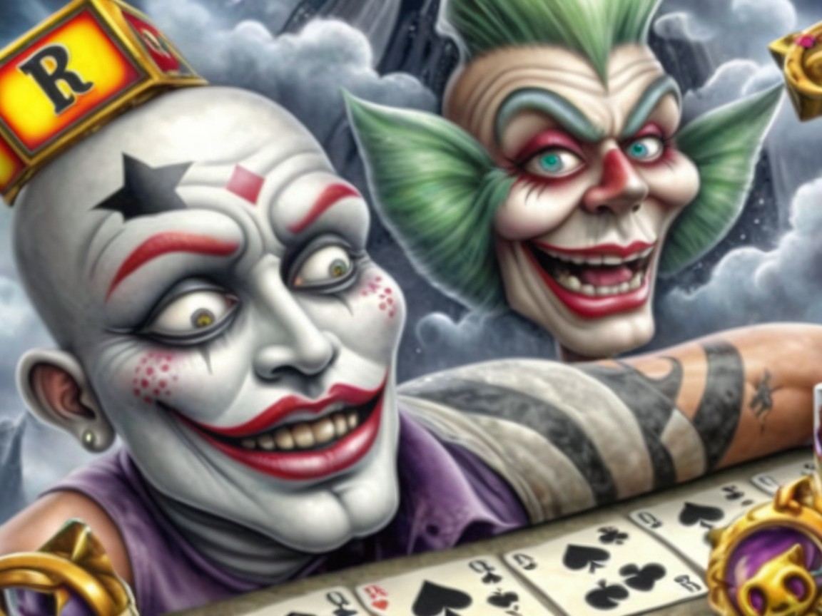 Whimsical Clown Characters with Playing Cards and Stormy Sky