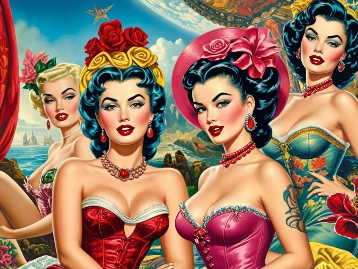 Vibrant Retro Scene with Glamorous Women in Vintage Outfits