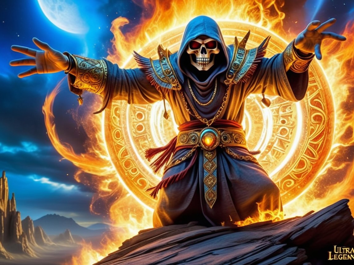 Mysterious Figure in Dark Robes with Fiery Backdrop
