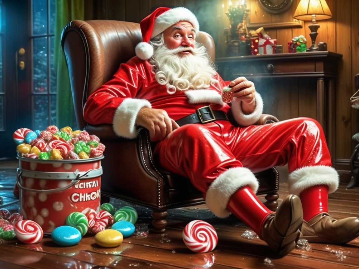 Santa Claus in a red suit sitting in a leather armchair