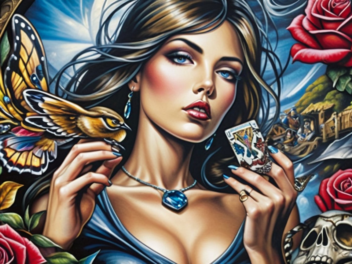 Woman with Dark Hair, Playing Card, and Roses