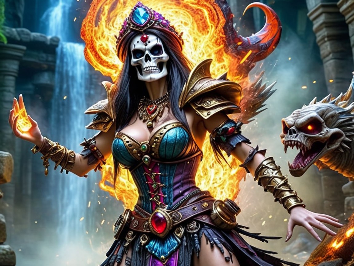 Fierce Female Warrior in Intricate Armor and Magic