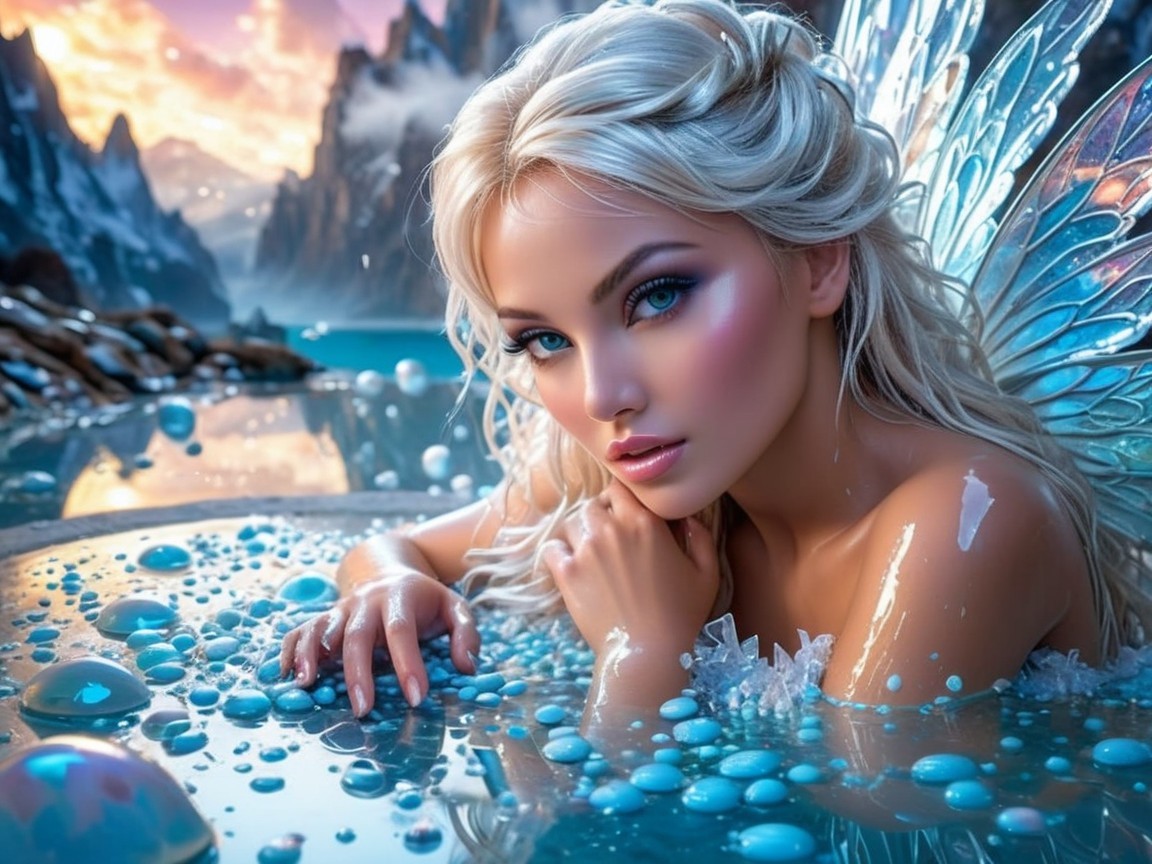 Blonde Fairy in Blue Wings by Mountain Pool at Sunset