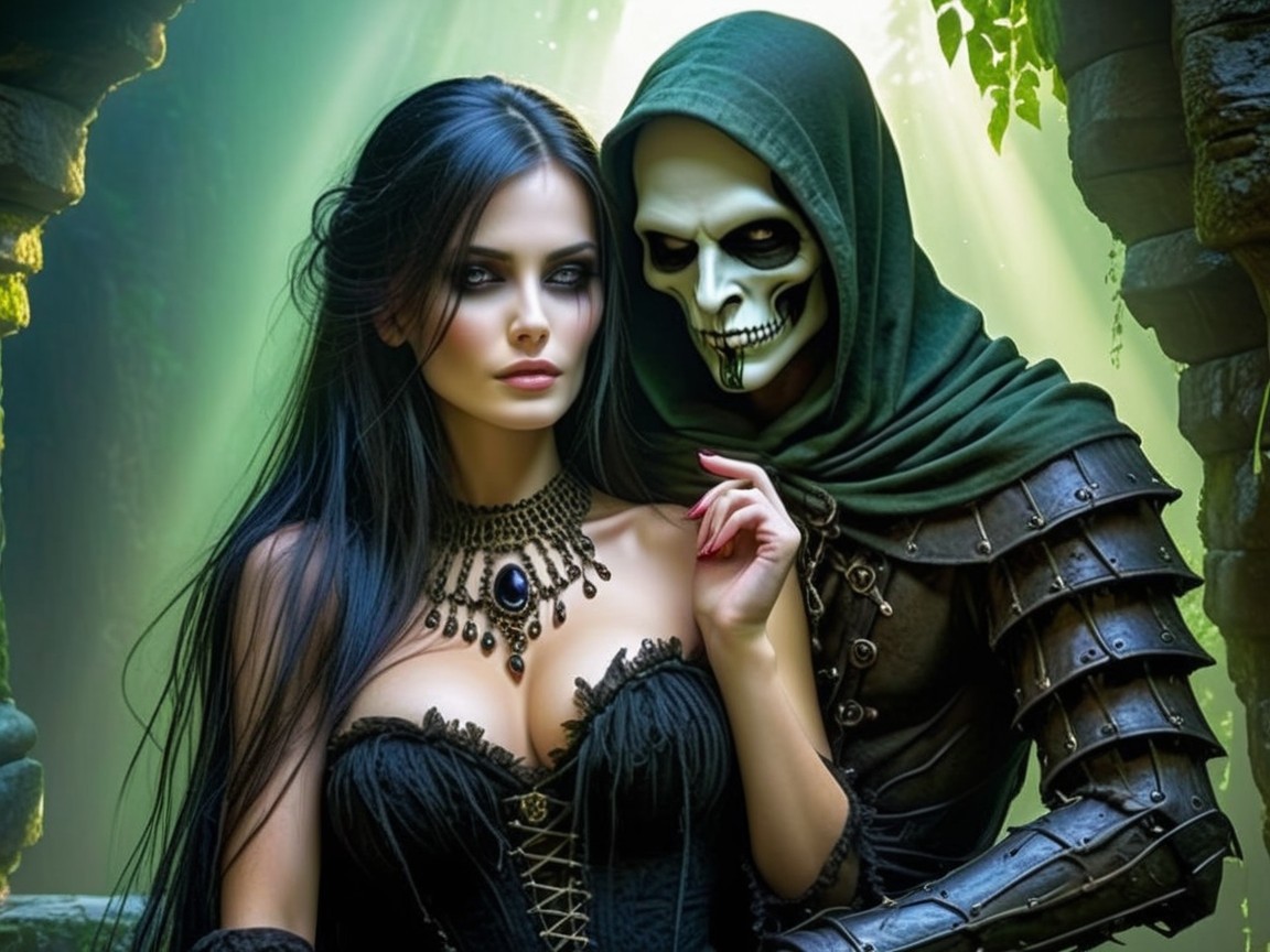 Mystical Scene with Corseted Woman and Cloaked Figure