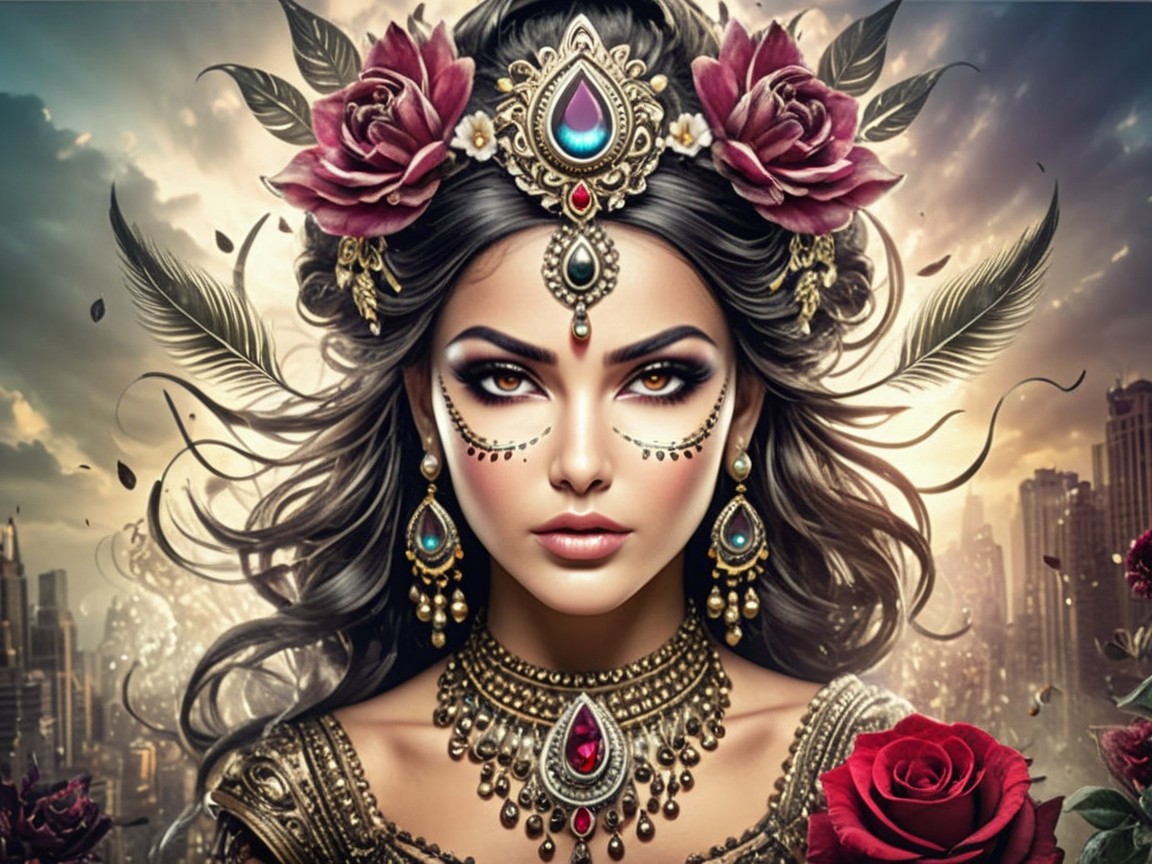 Portrait of a woman with jewelry and decorative art