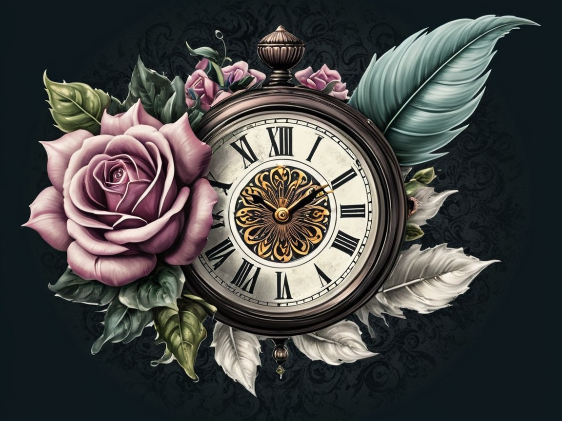 Vintage Pocket Watch with Pink Roses and Green Leaves
