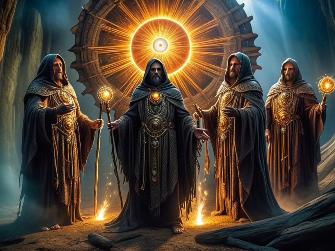 Four Robed Figures in Mystical Dimly Lit Setting