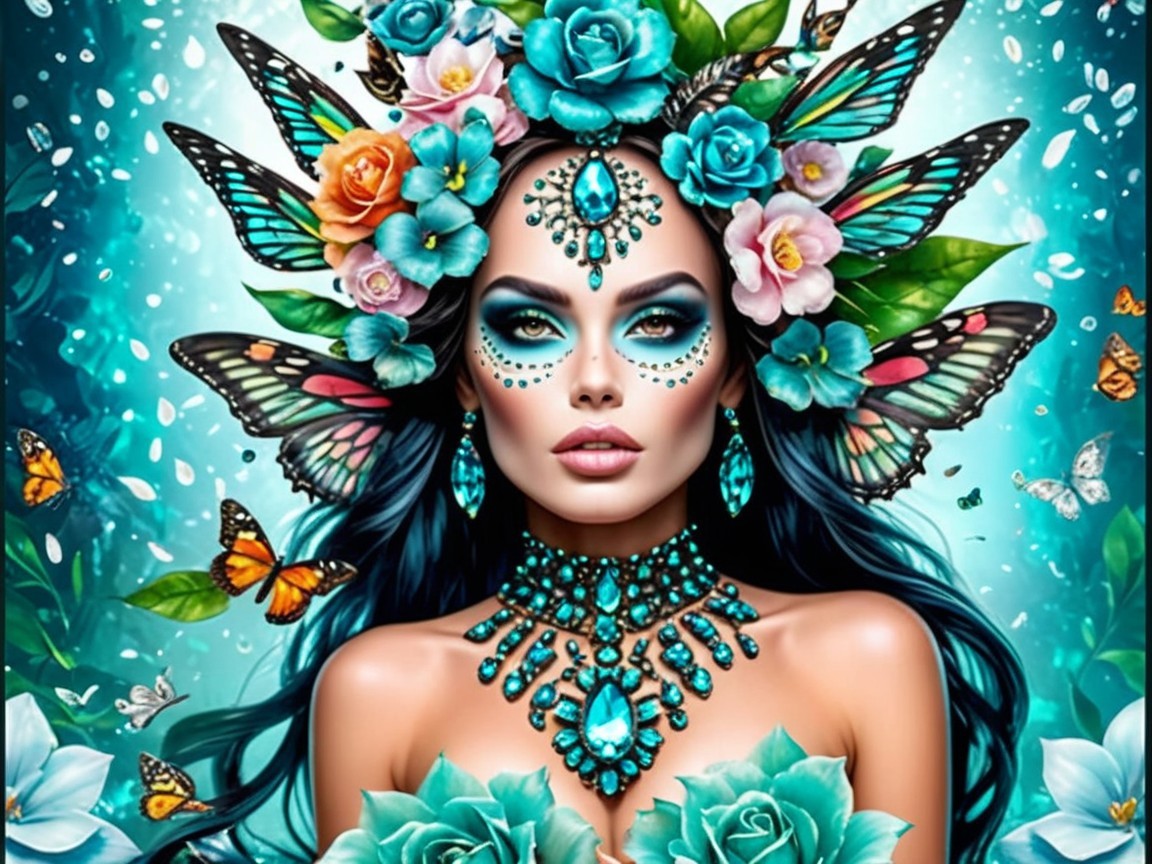 Nature-Inspired Fantasy Figure with Turquoise Flowers