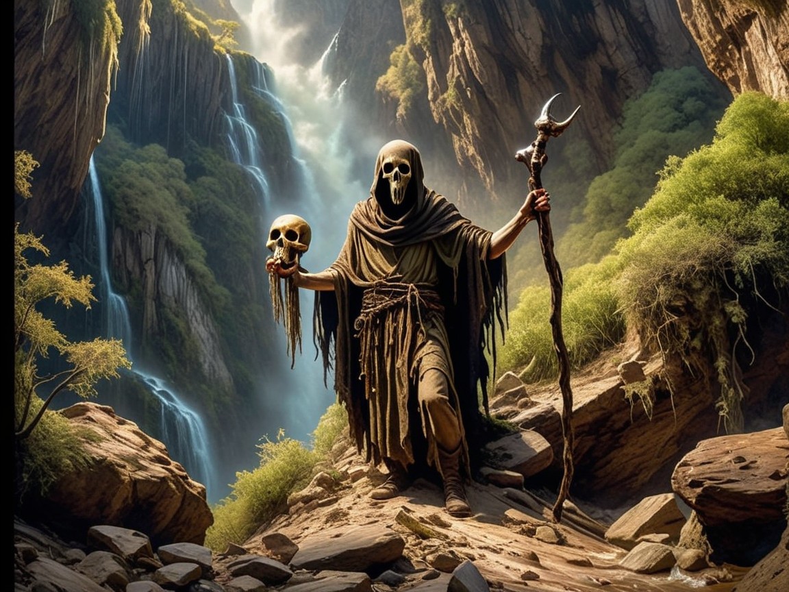 Mysterious Figure in Rocky Landscape with Waterfalls