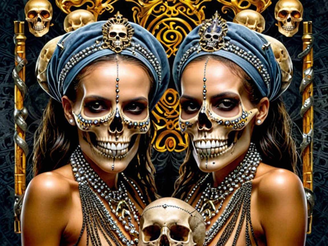 Women with Skull Makeup and Decorative Headdresses