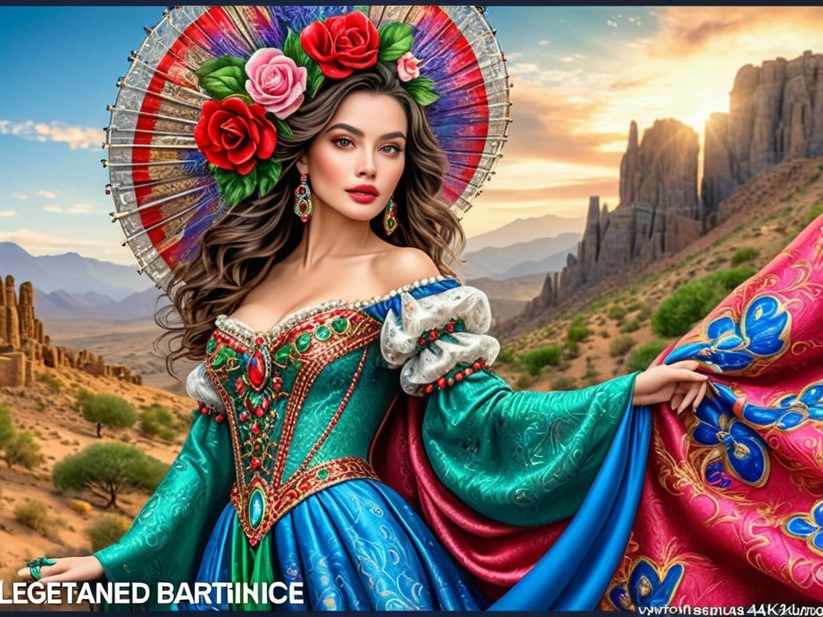 Vibrant Woman in Traditional Gown Against Mountain Backdrop
