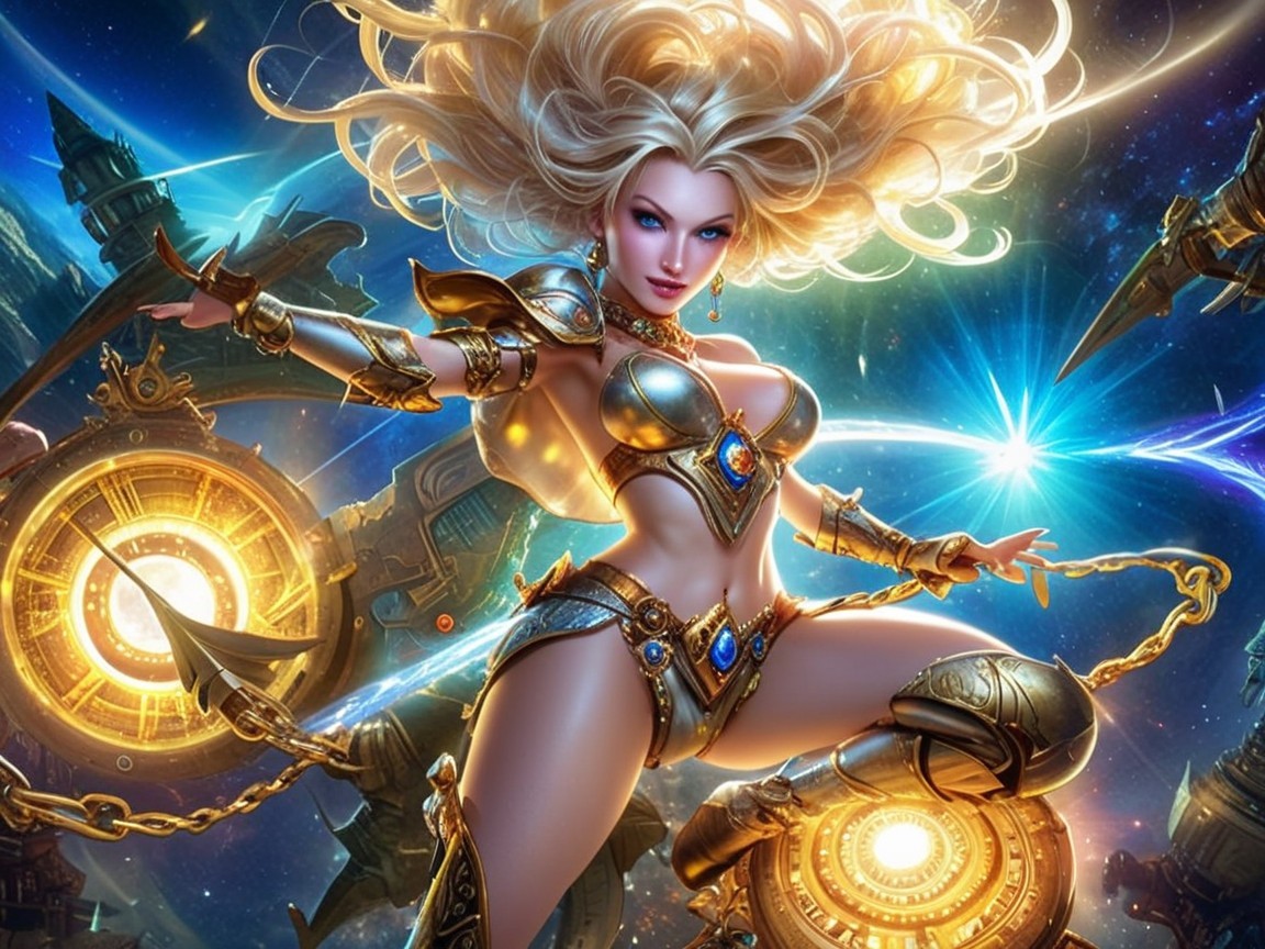 Warrior Woman in Golden Armor Against Cosmic Backdrop