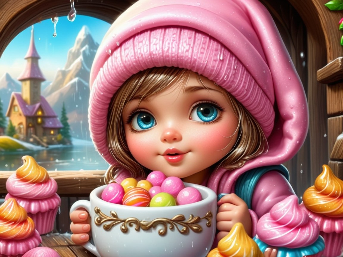 Young girl with blue eyes and colorful candies outdoors