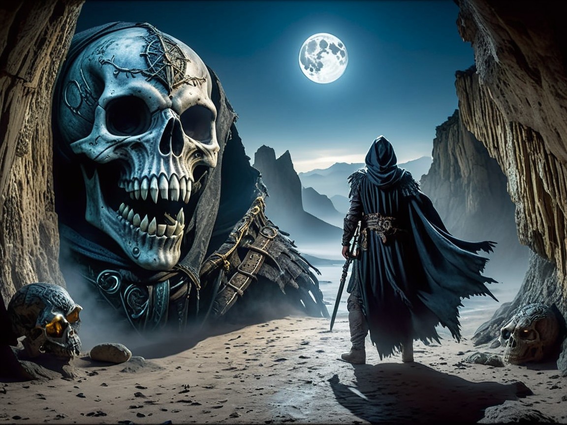 Cloaked Figure on Rocky Shore with Moonlit Skull Scene
