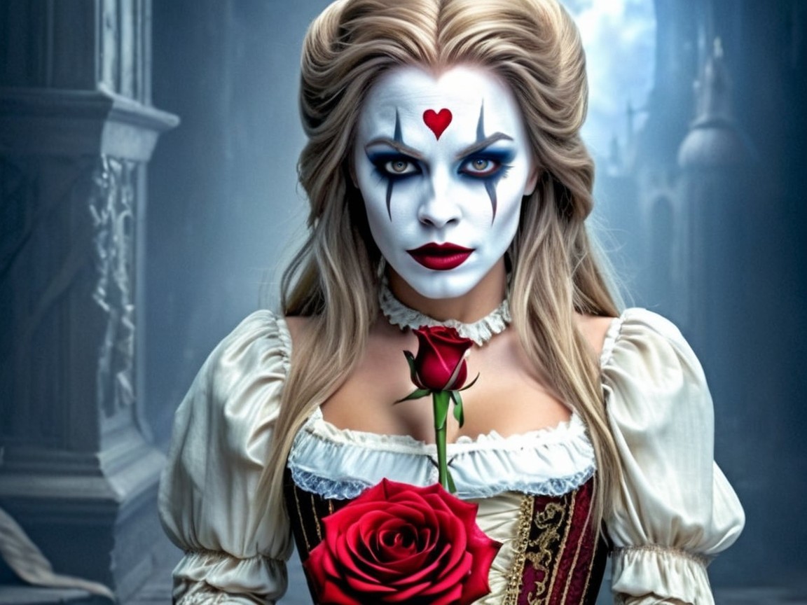Gothic Figure in Vintage Dress with Red Rose