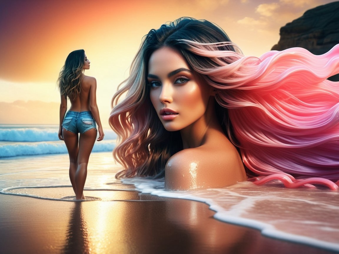 Surreal Scene of Woman with Pink Hair by Ocean at Sunset