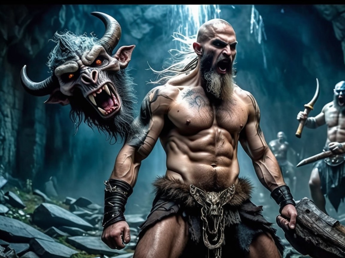Fierce Warrior in Dark Cavern with Demonic Figure