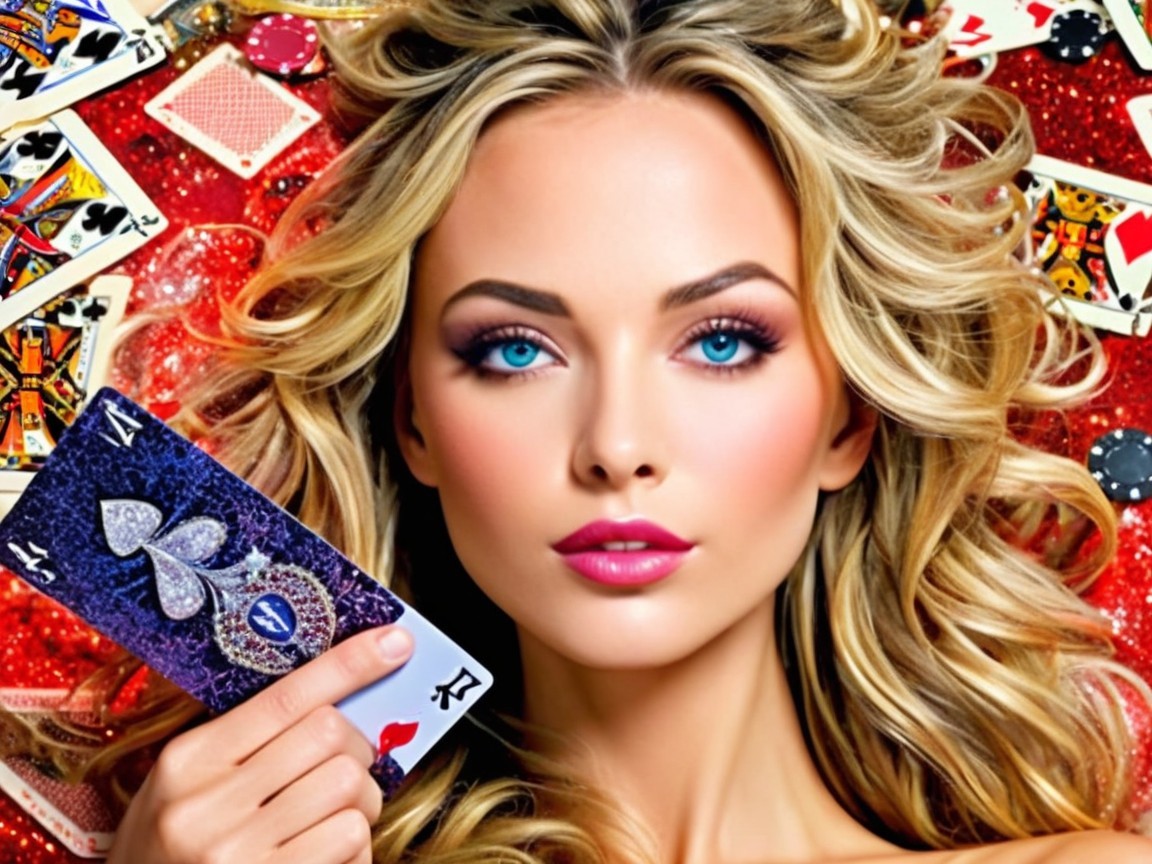 Glamorous Woman with Playing Card in Casino Setting