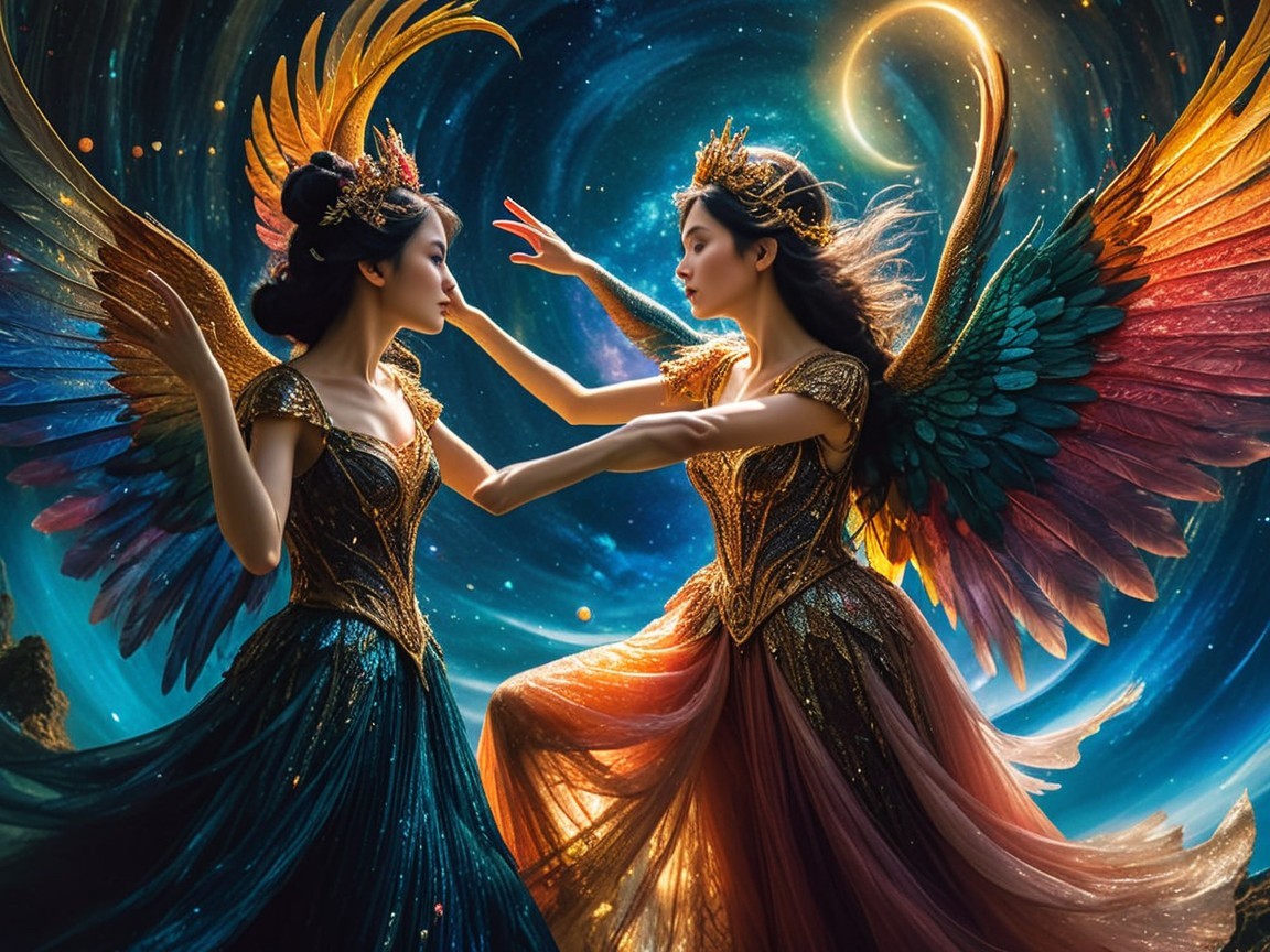 Ethereal Women in Cosmic Landscape of Light and Darkness