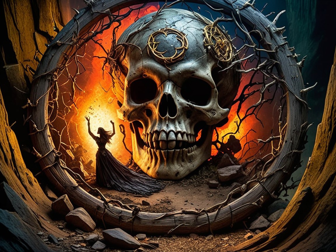 Dramatic Scene of Skull and Cloaked Figure in Darkness