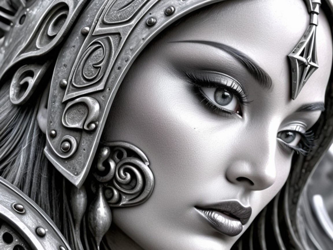 Monochromatic Close-Up of Woman in Metallic Armor