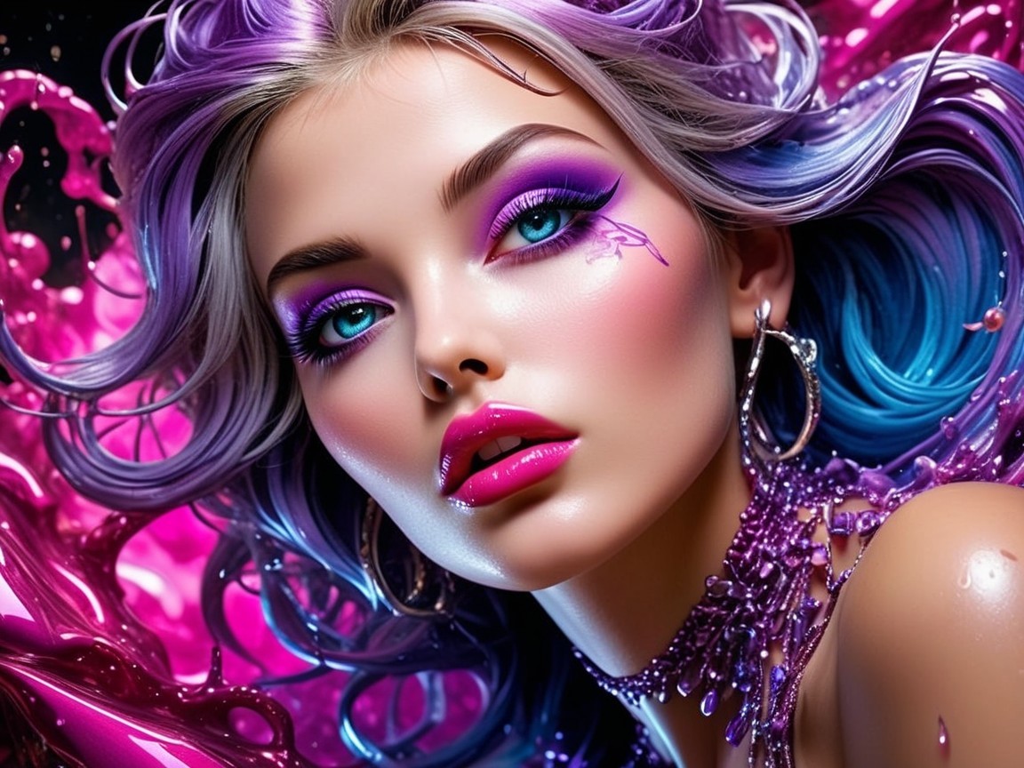 Glamorous Woman with Vibrant Purple and Blue Hair