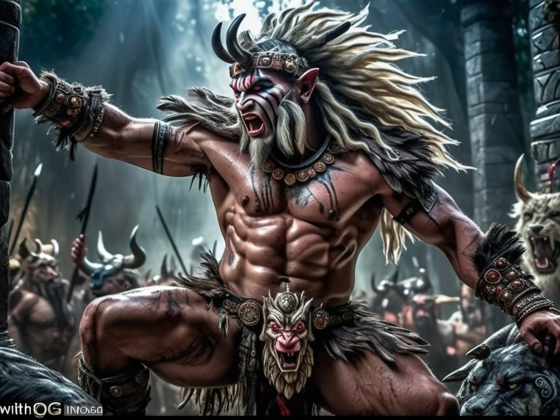Fierce Warrior in Tribal Armor in Mystical Forest