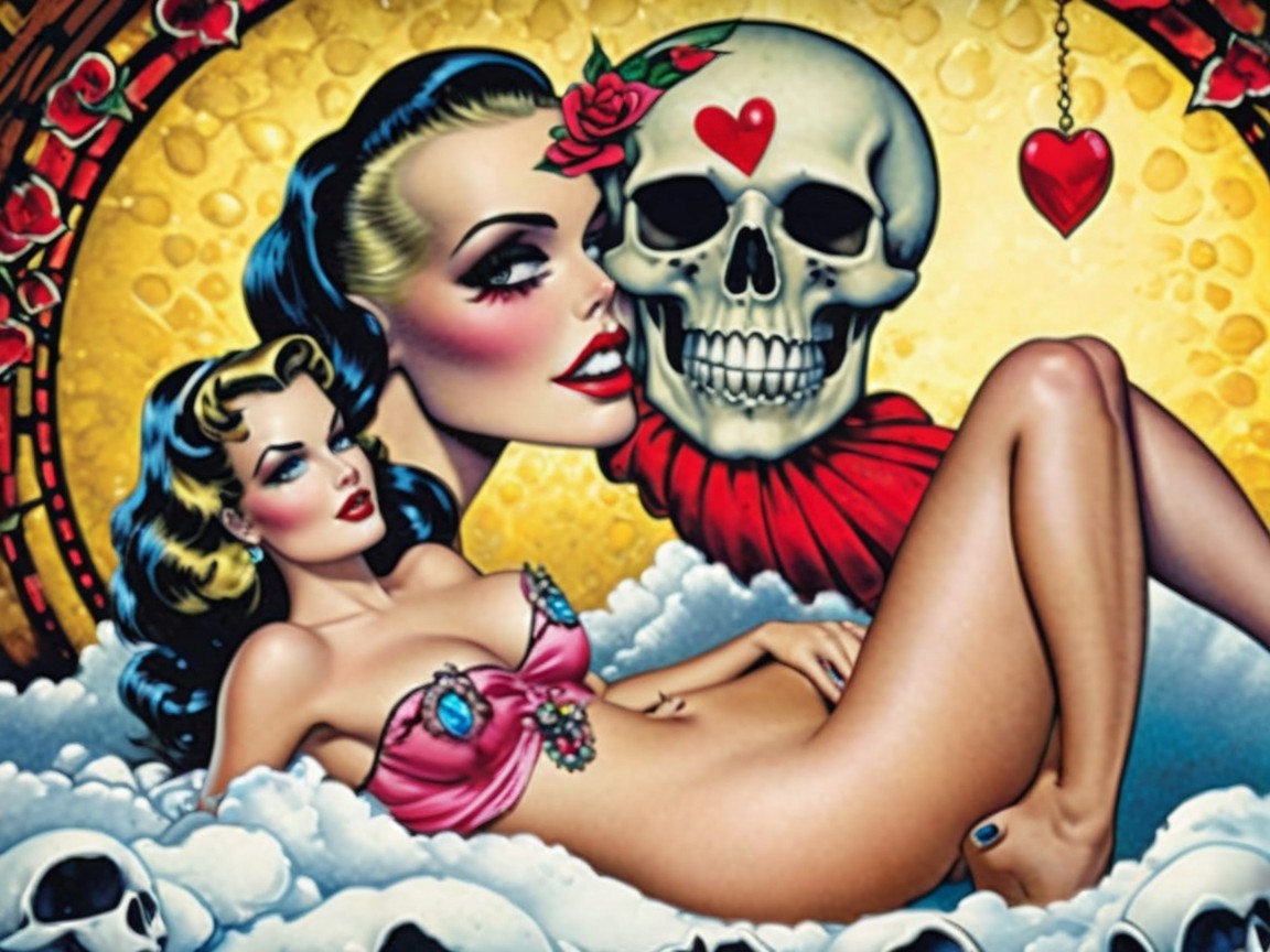 Vibrant Pin-Up Illustration with Edgy Skull Elements