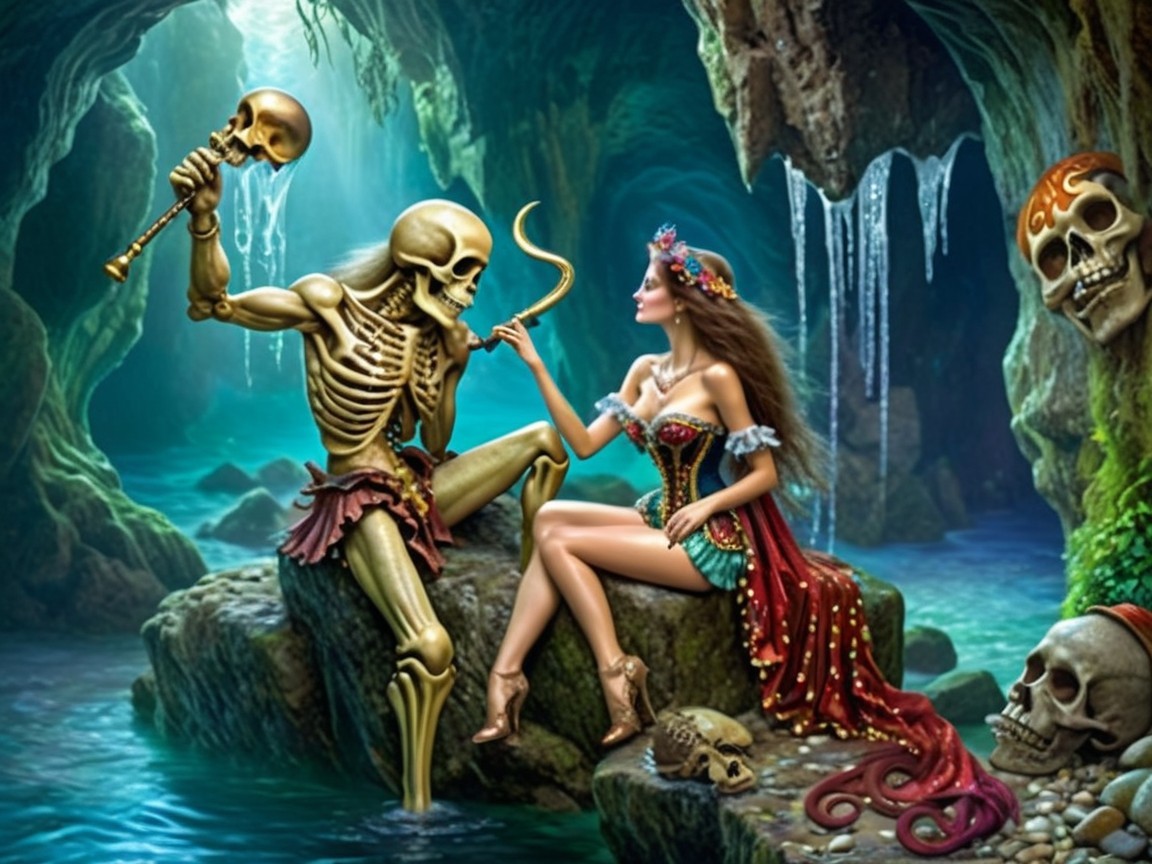 Skeleton and Woman in Enchanted Cave Setting