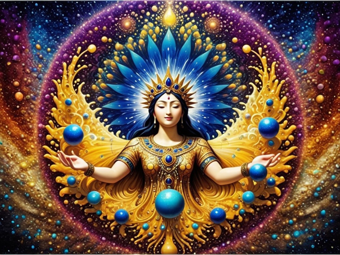 Celestial Figure in Radiant Attire and Cosmic Elements