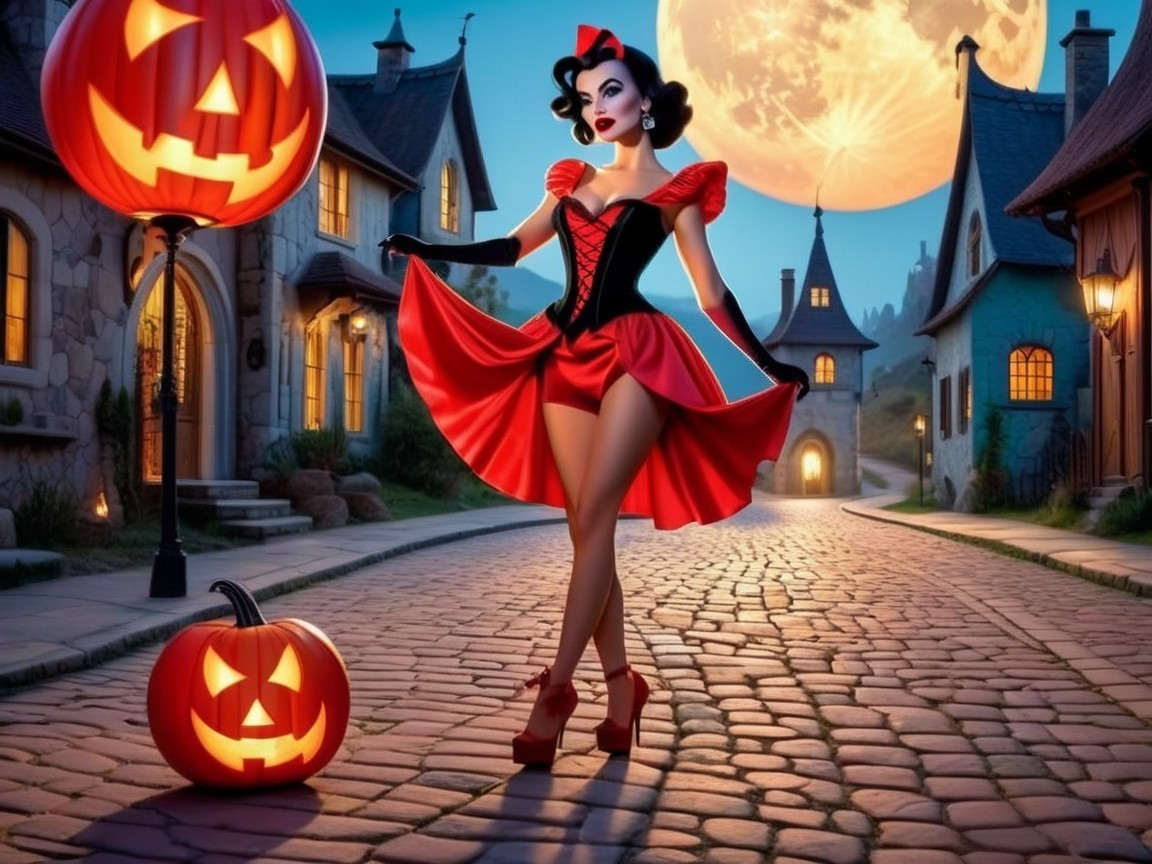 Whimsical Halloween Scene with Glamorous Woman
