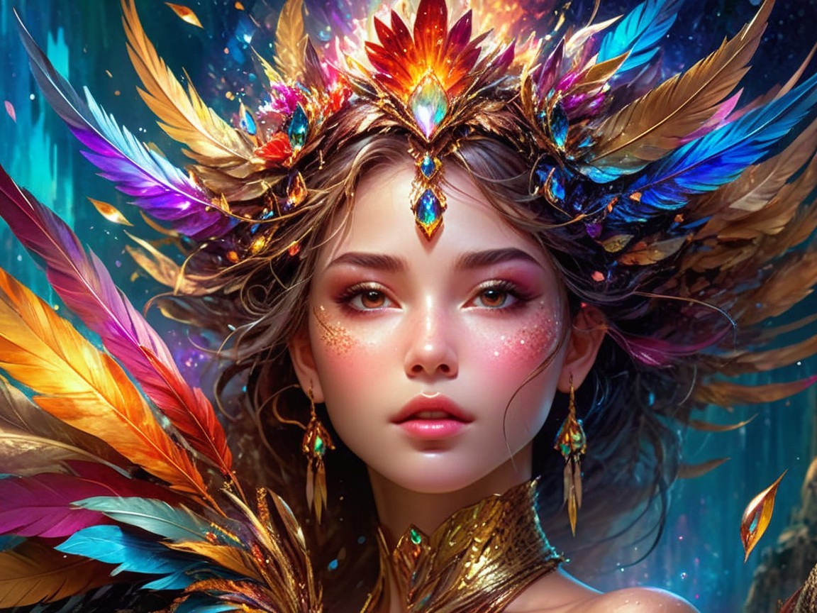 Fantasy Portrait of a Woman with Feather Headdress