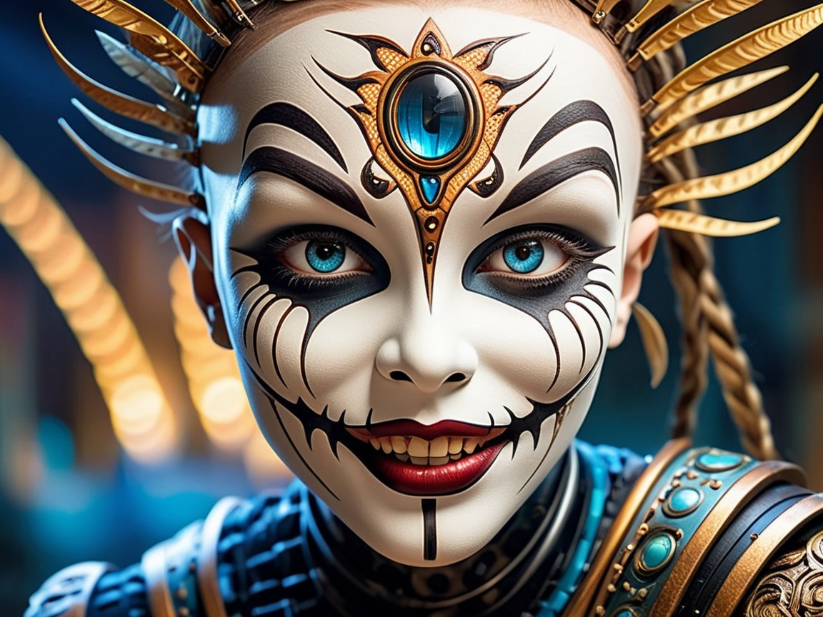 Portrait with Bold Face Paint and Vibrant Blue Eyes