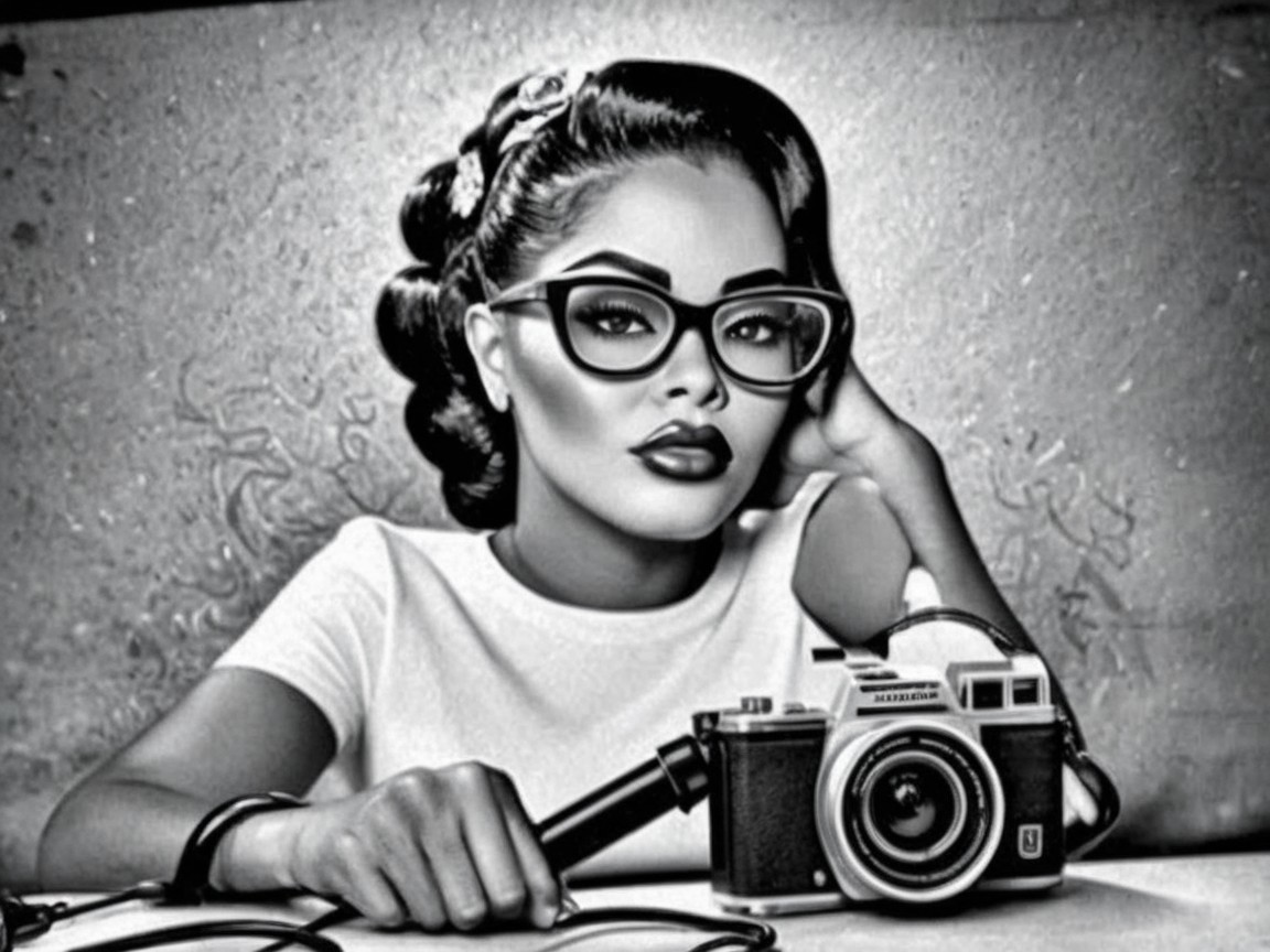 Vintage-Inspired Woman with Camera in Monochrome Setting