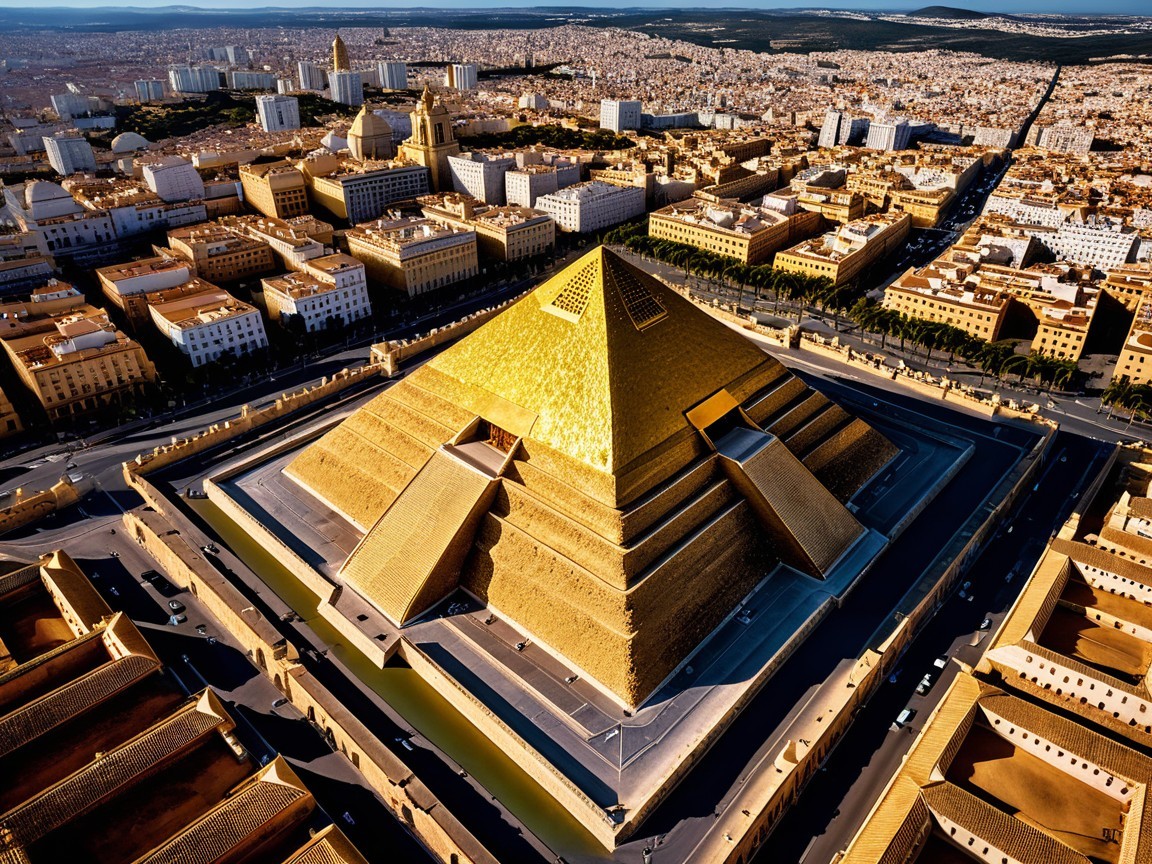 Aerial View of Golden Pyramid in Urban Landscape