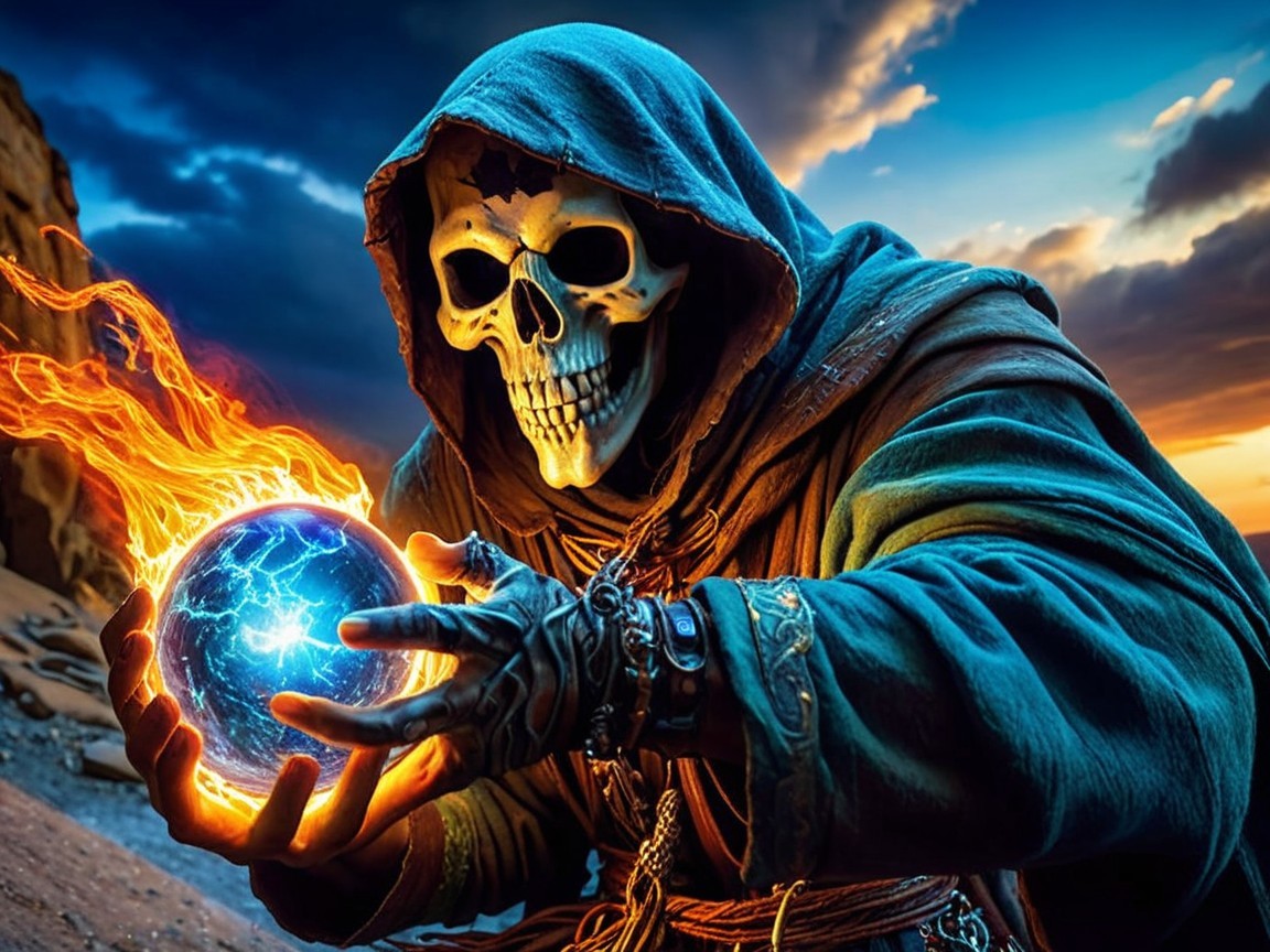 Cloaked Figure with Orb Against Dramatic Sky
