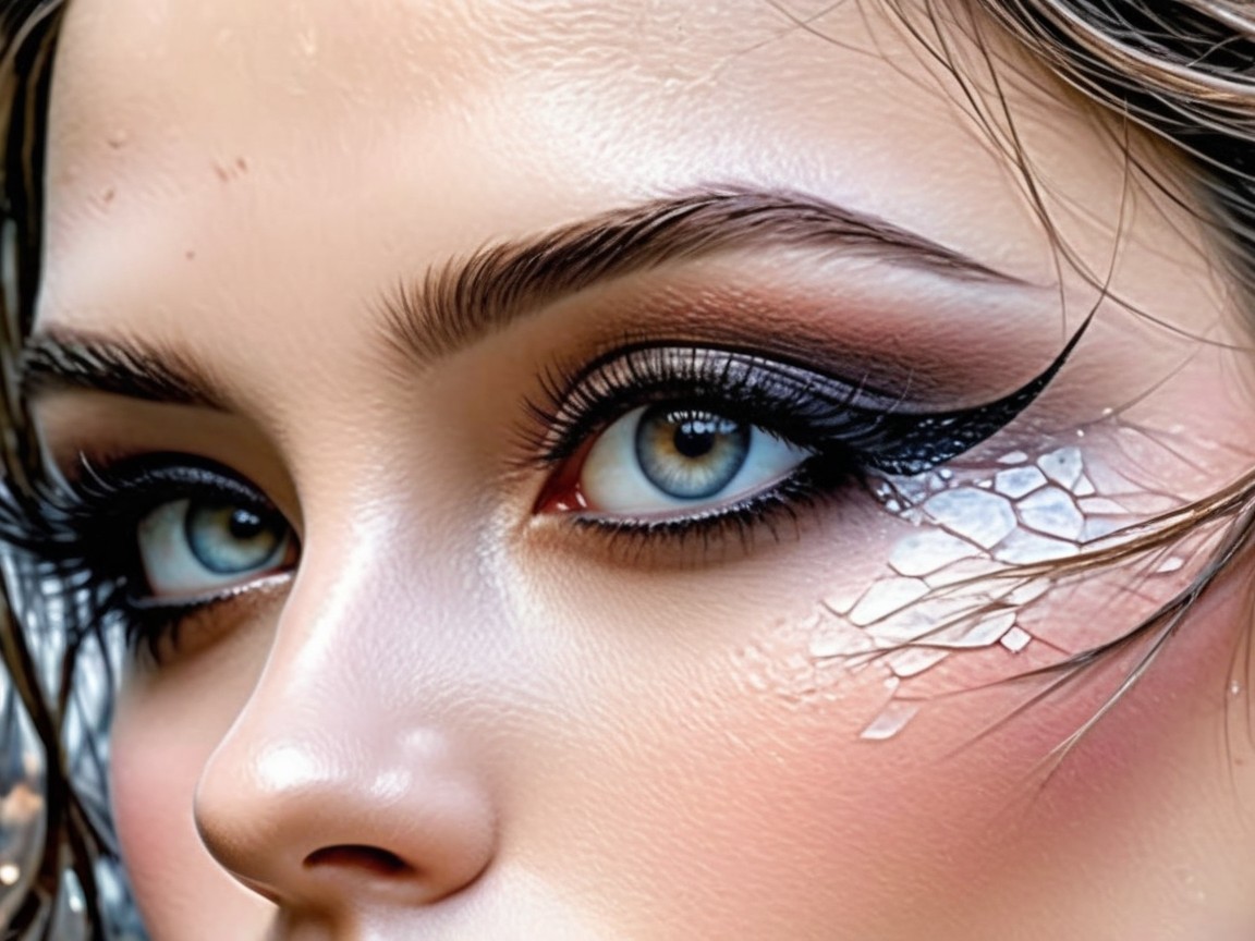 Close-up of a face with blue eyes and unique scales