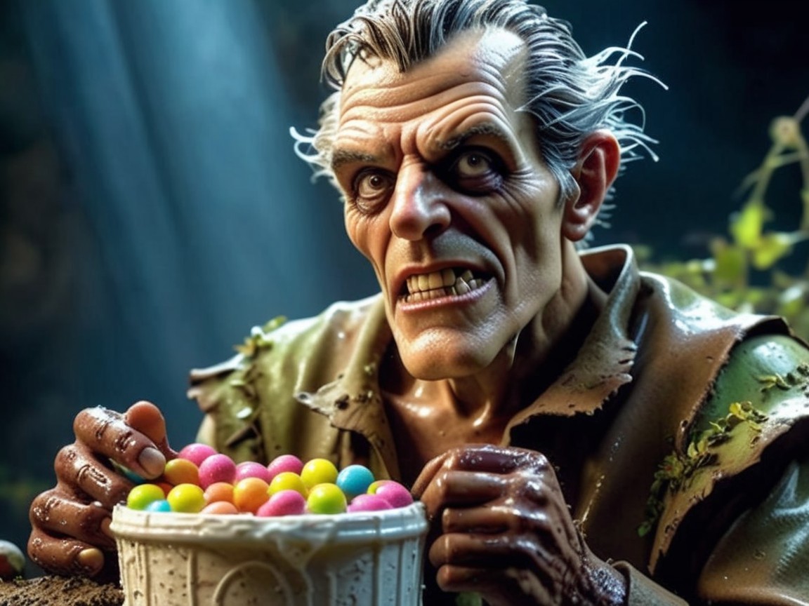 Menacing figure with gray hair in a mystical setting